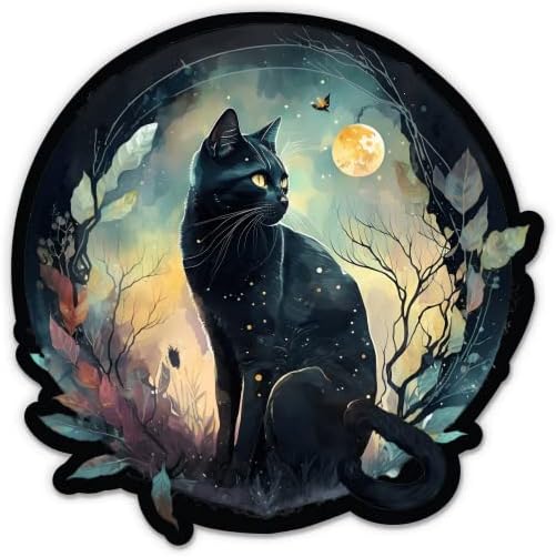 מדבקת קסם של חתול ירח שחור - מדבקת מחשב נייד 3 אינץ ' - ויניל אטום למים לרכב, טלפון, בקבוק מים -