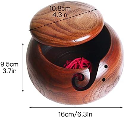 קערת אחסון חוט עץ בגודל 6 אינץ', קערת סריגה בעבודת יד חוט סרוגה עם חורים מגולפים ומכסה לסריגה וסרוגה, 6.3