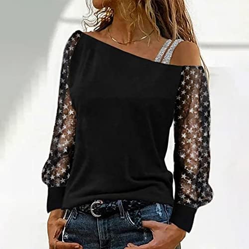 חולצות טריקו כתף אחת לנשים רשת שרוול ארוך צמרות מזדמנים חולצות דפוס כוכב נצנצים חולצות טי חולצות חולצות