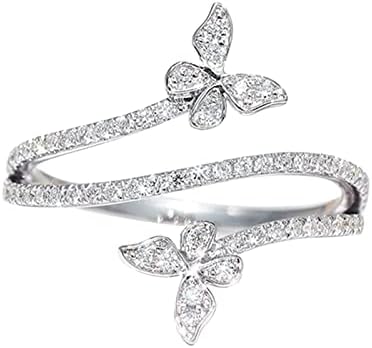 2023 חדש כפול פרפר טבעת כסף זירקון יהלומי חתונת אירוסין טבעת תכשיטי מתנה לנשים פרפר צורת ריינסטון טבעת גודל