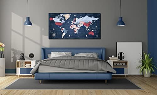מפות עולם לקיר-כחול קיר תפאורה לסלון-מפת עולם בד קיר אמנות מוכן לתלות גודל 60 איקס 30