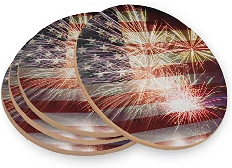 תחתיות למשקאות חופי חוף פקק לשולחן קפה 4 יח 'יופרים עמידים לחום דגל אמריקאי עם זיקוקים יום העצמאות