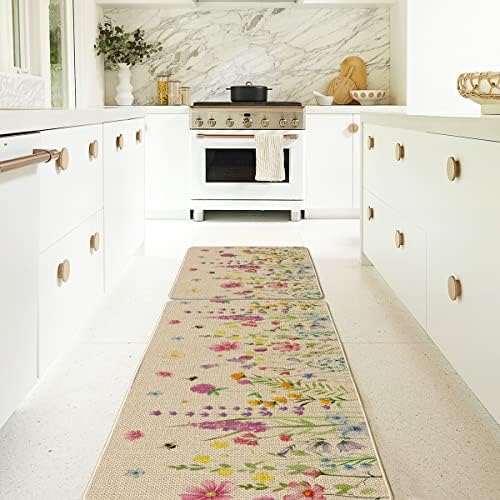מצב ארטואיד פרחים לבנדר אביב מחצלות מטבח סט של 2, עיצוב בית קיץ שטיחי מטבח בעלי פרופיל נמוך