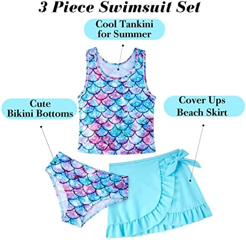 בגדי ים בנות 3 חלקים בגד ים טנקיני סט בגדי ים ביקיני חמוד עם חצאית חוף כיסוי 6-12 שנים