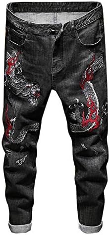 ג'ינס דרקון סיני לגברים ג'ינס ג'ינס טרנדי רזה מכנסי מתיחה ישר שחור כחול