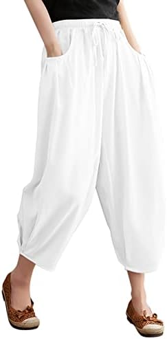 מכנסי טרניעה חמודים של Miashui לנשים חדשות רופפות בצבע אחיד כותנה ותחרה פשתן על מכנסיים מזדמנים של מותניים