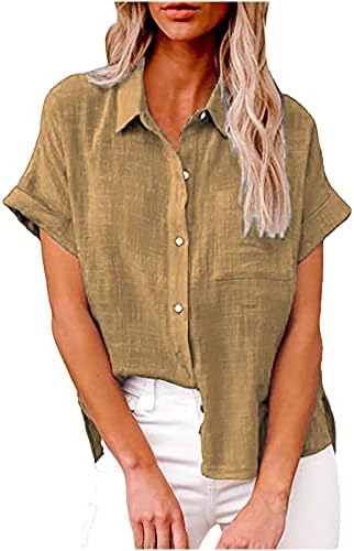 נשים כותנה פשתן כפתור למטה חולצות,דש צווארון קצר שרוול חולצה מזדמן רגיל עבודה טוניקת חולצות עם כיס