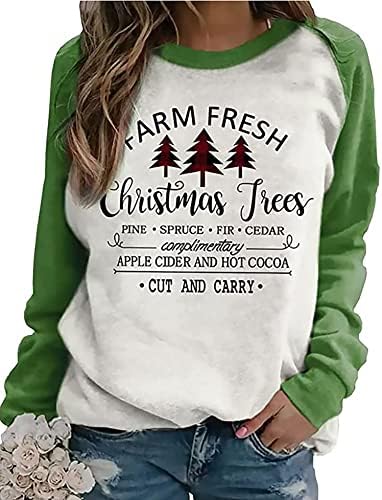 חווה טריים עצי חג מולד טריים חולצת סווטשירט שרוול ארוך לנשים חג מולד שמח שחול משובצת חולצות סוודר רגלן
