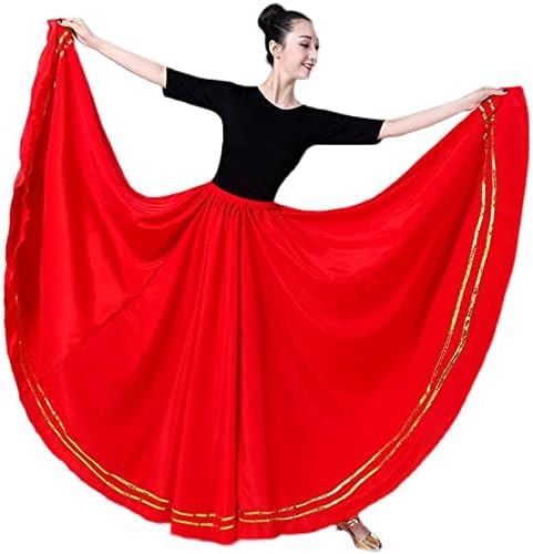 סאטן לנשים סאטן ארוך מעגל ארוך פלמנקו חצאית ריקוד בטן עם שתי שורות סרט