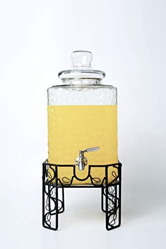 מתקן משקאות זכוכית 2.5 ליטר עם ברז נירוסטה על מעמד מתכת ומגש טפטוף-מתקן משקאות מייסון למסיבות, תה שמש, תה קר,