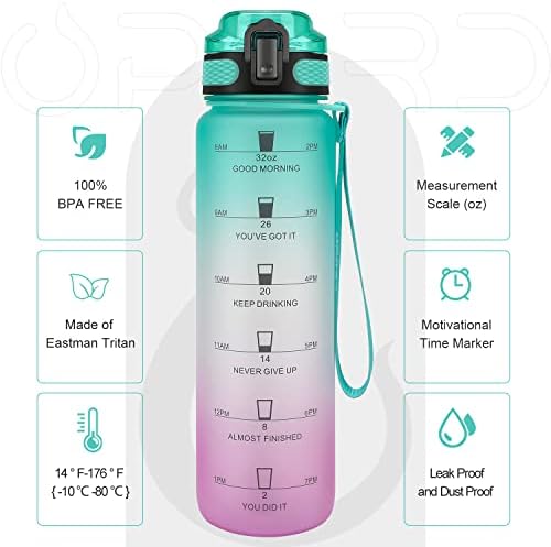 בקבוק מים ספורט אופארד 32 עוז עם סמן זמן מוטיבציה לשתייה, טריטן חינם לשימוש חוזר עם פילטר לחדר