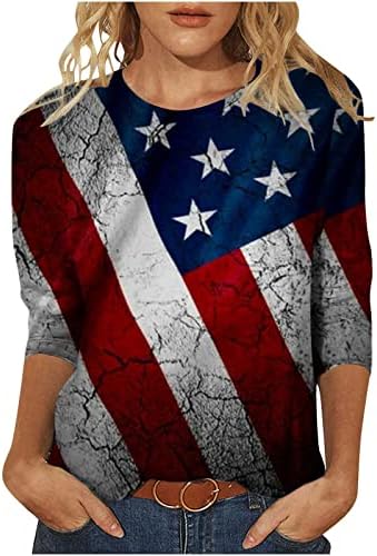 צמרות 4 ביולי לנשים יום עצמאות פטריוטי חולצות טקס חולצות דגל אמריקאי קיץ 3/4 חולצות מזדמנים שרוול