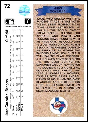 1990 סיפון עליון 72 חואן גונזלס RC NM-MT טקסס ריינג'רס מורשה רשמית כרטיס מסחר בייסבול MLB