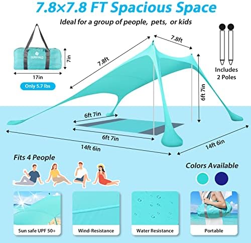 פופ -אפ מאוהל חוף מקלט שמש UPF50+, 7.8x7.8 רגל צל שמש אטום רוח עם שמיכת חוף, 2 עמודי יציבות,