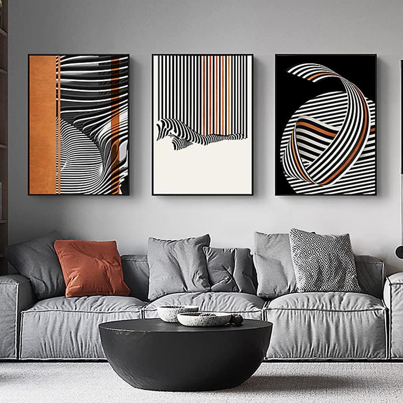 קווים מופשטים כתומים מינימליסטיים מודרניים מנוכחים ציור דקורטיבי ציור דקורטיבי בשחור ולבן אפור קיר