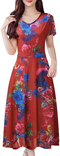 שמלת גבירותיי מקסי קיץ שרוול קצר 3D 3D שמלה גרפית ארוכה הדפס פרחוני שמלה מזדמנת גבוהה