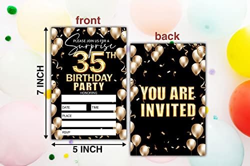 הזמנה ליום הולדת 35 - הזמנה ליום הולדת שחור וזהב - יום הולדת הזמנת רעיונות לאישה ומבוגרים - 20 כרטיסי הזמנה למילוי