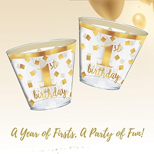 AMSCAN יום הולדת 1 30 רוזן זהב כובבי פלסטיק ברורים זהב - 9 כוסות מסיבה של 9 גרם לתינוק הראשון - נושא הקונפטי מפואר
