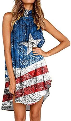 ארהב 4 ביולי שמלות קיץ לנשים חוף דגל אמריקאי הדפס צוות מזדמן צוואר צוואר ללא שרוולים ללא קו בוהמייה