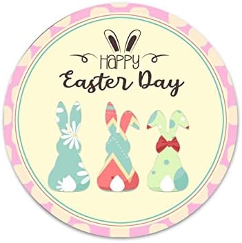 זר עגול שלט מתכת יום חג הפסחא שמח עם שלוש ארנבות ורוד עיצוב פסחא עיצוב עיצוב קיר וינטג
