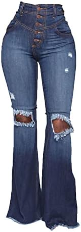 נשים 5 כפתור פעמון תחתון ג 'ינס קלאסי נהרס גלם מכפלת ג' ינס מכנסיים קרע במצוקה גבוהה מותן התלקח ז ' אן