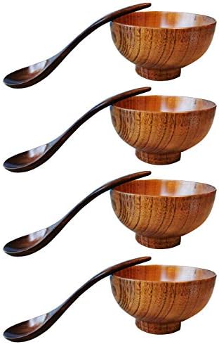 קערת עץ בסגנון יפני בסגנון יפני קערת עץ מוצקה כלי שולחן לאורז, מרק, טבילה, קפה, תה, קישוט 4 יח '