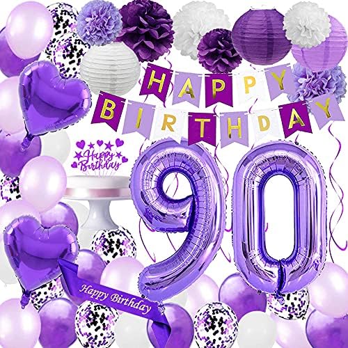 סנטונילה סגולה קישוטי יום הולדת 90 סטור יום הולדת שמח באנר אבנט ועוגה מספר 90 קונפטי לטקס בלוני נייר פנסים
