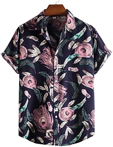 BMISEGM חולצות שמלת גברים בקיץ של גברים מזדמנים דש רופף הדפס צבע ניגודיות בסגנון אתני כפתור שרוול קצר