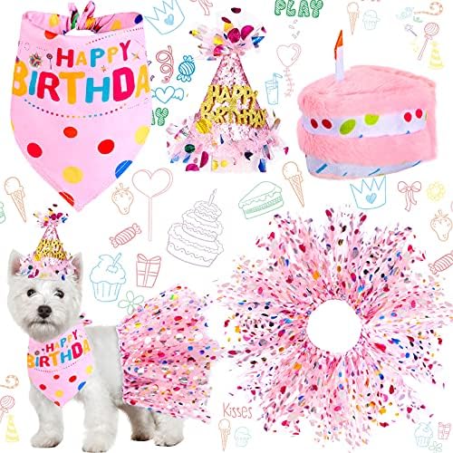 4 חתיכות כלב ילדה כלב תלבושת יום הולדת כלב יום הולדת 1 בנדנה עם כובע ושמלה סט, ציוד מסיבת יום הולדת לגור,