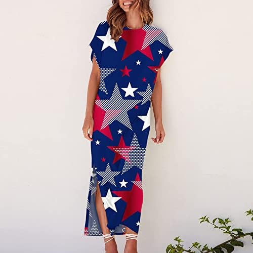 נשים יום עצמאות ארוך שמלות שרוול קצר צווארון עגול פטריוטי שמלות יולי 4 אמריקאי דגל הדפסת מקסי שמלה