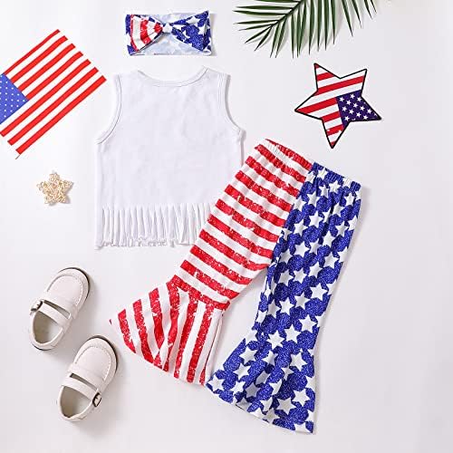 נערה פעוטות 4 ביולי תלבושת תלבושת ללא שרוולים גופיות גופיות חולצה דגל אמריקאי פעמון פלייר מכנסיים מנסים.