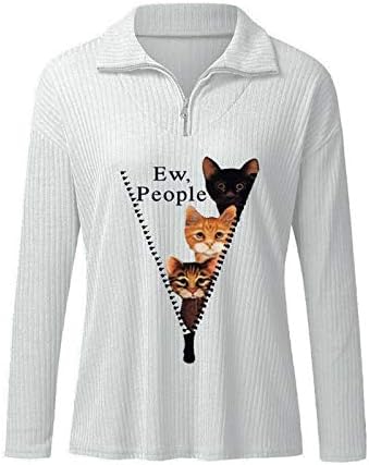 רוכסן חולצת טי נשים חתול הדפסת סוודר עם צווארון ארוך שרוול חולצות בתוספת גודל טוניקת חולצות
