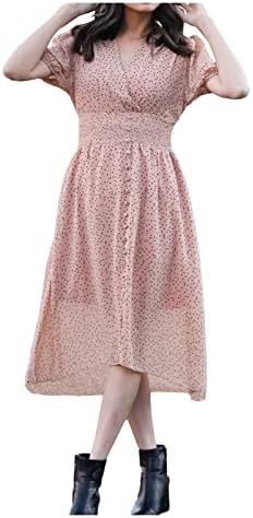 נשים קיץ פולקה דוט אונליין תה שמלות מקסי שמלת יוצא שמלות פאף שרוול מתאים & מגבר; התלקחות קצר שרוול שמלה