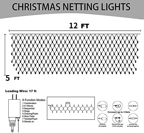 סנוור בהיר 66ft 200 אורות מחרוזת חג המולד LED + 360 LED 12ft x 5 ft אורות רשת חג המולד