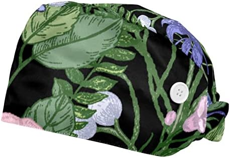 2 מחשב כובע עבודה עם כפתור כפתור ורידת זיעה כובעי בופנט מתכווננים לנשים, צמחי עלים פרחוניים באביב