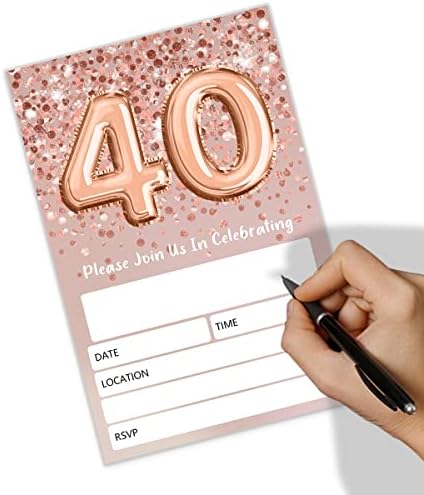 הזמנות ליום הולדת 40 של Shlinco רוז מסיבת יום הולדת נצנצים זהב, 40 הזמנות ליום הולדת לבנות, חגיגת מסיבות, ציוד