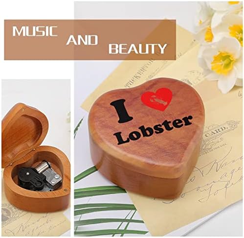 אני אוהב לובסטר קופסת מוזיקה מעץ Windup מעוצב בלב בצורת קופסאות מוזיקליות מודפסות ליום הולדת של האהבה