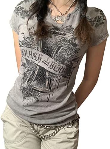 נשים בנות שרוול קצר חולצת טריקו י2 קראט הדפס גרפי חולצות קרופ צווארון עגול פיות גראנג ' טי חולצות בגדי קיץ אסתטיים