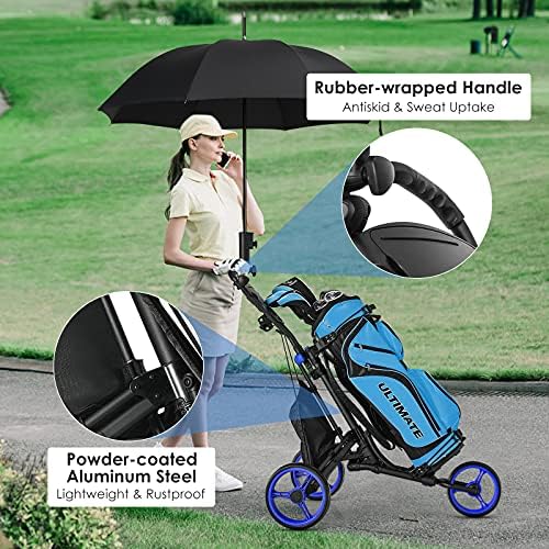 עגלת דחיפת גולף Gymax, 3 גלגלים אלומיניום מתקפל גובה מתכוונן עגב דחיפת גולף עם מחזיק מטרייה ותיק אטום