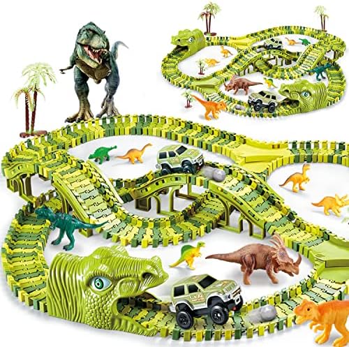 צעצועי דינוזאור של KO-ON, 280 יחידים לילדים יוצרים מסלול מירוץ עולמי של דינוזאור, מסלול מירוץ גמיש עם 2 מכוניות