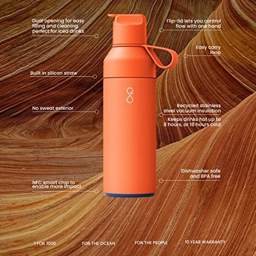 בקבוק אוקיינוס ​​- בקבוק מים ממוחזר פלדה אל חלד - בקבוק ידידותי לסביבה וניתן לשימוש חוזר - כתום שמש - 500 מל