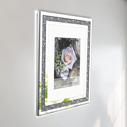 מסגרת צילום של מראה חתונה ליהלום מרוסק, מסגרת תמונה זכוכית כסף קריסטל לגודל תצלום בגודל 11x14 אינץ