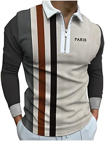 חולצות פולו רוכסן XXBR לגברים, סתיו שרירים מפוספסים שרוול ארוך חולצה רוכסן צוואר צוואר צוואר גולף מזדמן לעבודה