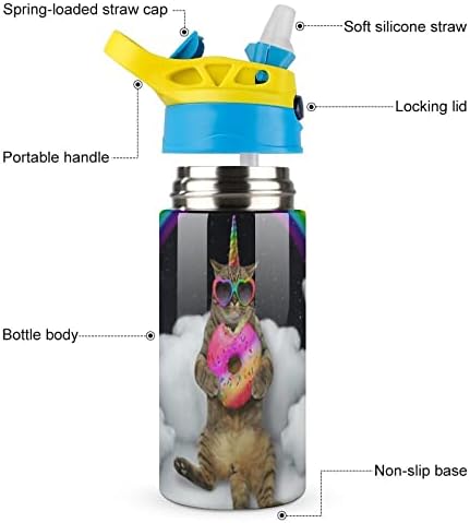כוס תרמוס 500 מל חתול בקבוק מים מבודד חד קרן עם קש לספורט ונסיעות 7.5x2.7 ב