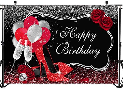 מוצ ' יקה גליטר אדום עקבים גבוהים יום הולדת שמח רקע שחור כסף שמפניה בלוני מסיבת יום הולדת עוגת
