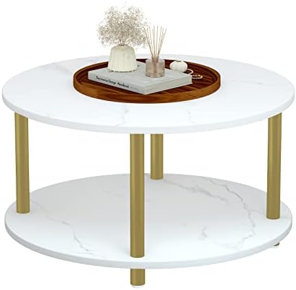 עגול קפה שולחן לסלון 31.5 2 קומות מודרני זהב קפה שולחן עם פתוח אחסון מדף,זהב מתכת רגליים ולבן