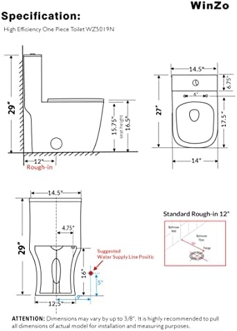 Winzo WZ5019N מלבני חתיכה אחת טואלט כפול סומק 1.1/1.6 קערה מרובעת GPF חדר אמבטיה מודרני, לבן
