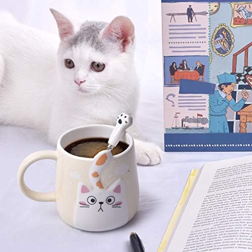 חתול ספל וכפית חמוד קרמיקה חתול קפה ספל, חידוש חתול תה כוס עבור מטורף חתול ליידי אוהבי נשים ילד ובנות,בז'