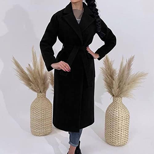 נשים ארוך דש אמצע ארוך צמר תערובת מעיל מעילים מקרית חורף חם ארוך שרוול תעלת מעיל עם חגורה