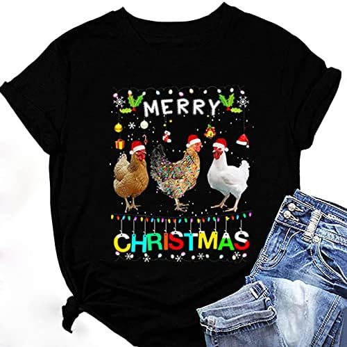 חולצות חג מולד מצחיקות לנשים תרנגול מצחיק טיז גרפי צוואר צווארון שרוול קצר חולצה לחופשת חולצה לחופשה